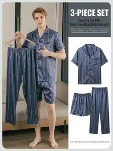 Men's Summer Sleepwear Set, Short Sleeve + Shorts + Long Pants, Comfortable Ice Silk Pajamas, Casual Home Wear, Printed Design