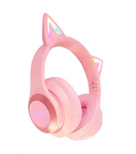 Vizliter Cat Ear Bluetooth Headphones, TWS Deep Bass Wireless Over-Ear Headset 5.3 with Built-in Mic LED Lights, Noise Cancelling Pink Audio Colorful Earphones Adjustable