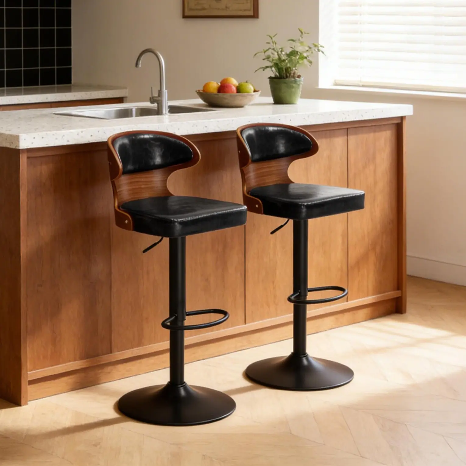 Bar Stools Set of 2, 360° Swivel Barstools with Solid Wood Back and Footrest, Leather Adjustable Counter Height Chairs for Bar, Kitchen, Dining Room