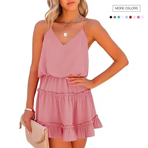 Danedvi Womens V Neck Summer Dress Sleeveless Mini Dress Ruffle Dress Spaghetti Strap Racerback Sun Flowy Dress Fit Sundress