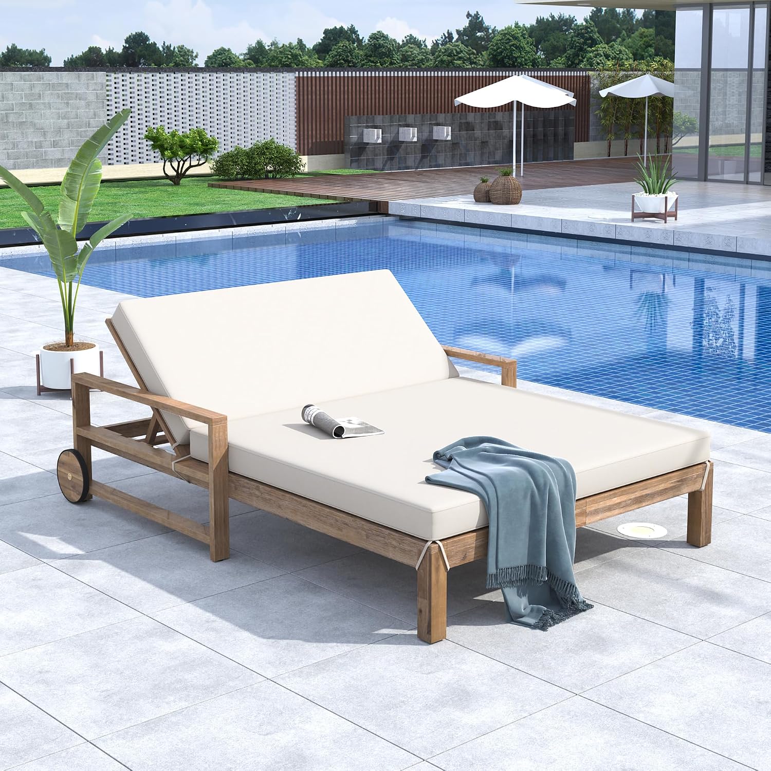 Wood-Frame Outdoor Sunbed with 4-Level Adjustable Backrest, Cushioned Seat, Armrest, 56.7"l x 76.2"w x 33.5"h, 89.2 lbs, 2-Person Lounger for Poolside, Backyard, Outdoor Daybed