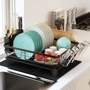Dish Drying Rack with Drainboard Set, Stainless Steel Dish Drainers for Kitchen Counter, Dish Strainer with Utensil Holder, 360° Swivel Spout and Extra Dryer Mat, Black Organiser
