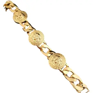 Rapper's Style Hip Hop Gold Plated Medusa Medallion 14K Gold Plated 15mm Cuban Link Bracelet 8.5 Inches Long with Luxury Clasp for Secure Closure