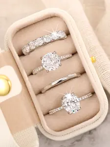 4 Pcs/Set Exquisite Cubic Zirconia Rings For Women Wedding Engagement Anniversary Party Jewelry Gift With Gift Box Elegant Ring