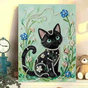 3D Raised Shiny Bead Inlay DIY Paint by Numbers Kit, Luxury Textured Canvas Black Cat Gem Art Craft Set for Home Living Room Bedroom Wall Decor & Holiday Gift