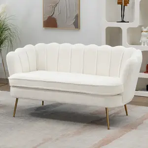 59" Wide Loveseat Sofa, Boucle Upholstered Small Couch with Petal-Shaped Design, Modern Leisure Sofa with Gold Metal Legs, Mini Room Couch for Bedroom, Apartment