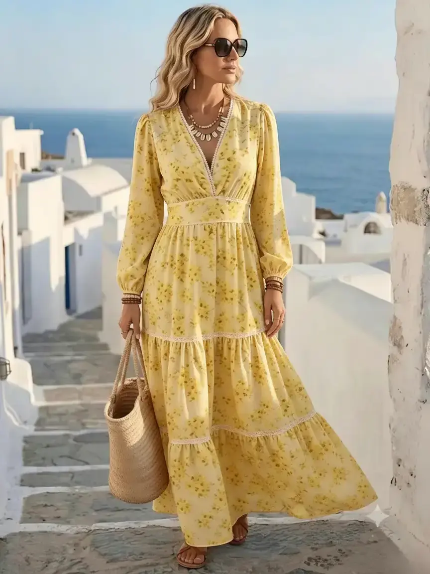 French-style soft cream floral print V-neck long-sleeve maxi dress, high-waisted tiered cake design with a flared skirt—perfect for vacations. Birthday dress, maxi dresses, birthday dresses, baby shower dresses, white dress.