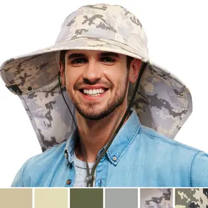 Adventure Sun Hat for Men Women Fishing Hat UPF 50+，Wide Brim Safari Hunting Military Jungle Desert Cap with Neck Flap