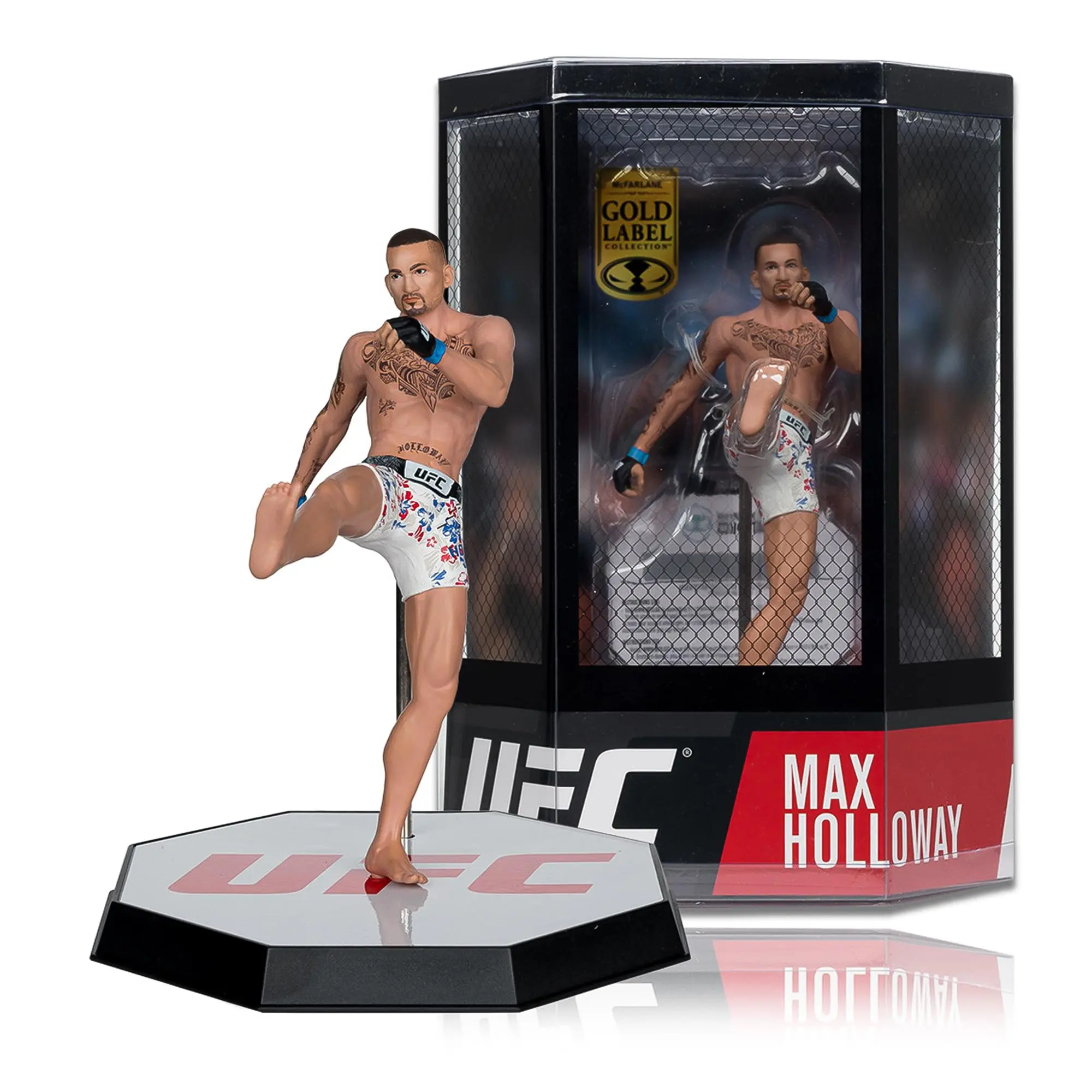 UFC Max Holloway 7-Inch Gold Label Fighter Pose Collectible Action Figure, Plastic Body Hollow Plastic Action Figures, Collectible Toy for Martial Artist Collectors, Age 12+, Choking Hazard Small Parts, Mixed Martial Arts