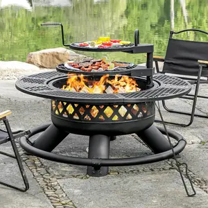 47 Inch Outdoor Wood Burning Fire Pit with 2 Grills,Extra Large 3-in-1 Fire Pit with Metal Lid & Fire Poker, Heavy Duty BBQ Firepits for Outside, Backyard, Bonfire, Patio & Party