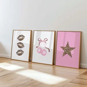 Pink Leopard Print Wall Art Set of 3 Poster, Preppy Maximalist Decor, Pink Rockstar Girlfriend Posters