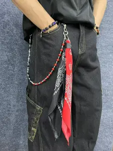 1pc Square Scarf, Pants Chain, Black-Red Two-Tone Beaded Pants Chain, Waist Chain, Street Hip-Hop Keychain Pendant/Ornament