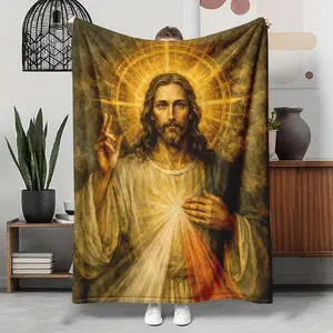 Jesus I Trust In You Flannel Blanket - Divine Mercy Sacred Heart Red White Rays Vintage Art Christian Print, Reversible Graphic Religious Illustration Soft Warm Throw for Sofa Bed, Catholic Gift for Believers, Holiday Gift, Reversible Blanket Throws, Chri