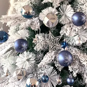 45-Pack Blue & Silver Christmas Ball Ornaments Set | Snowflake Glitter Metallic Xmas Balls with Star Tree Topper, Holiday Party Home Decor Christmas Tree Decorations Kit