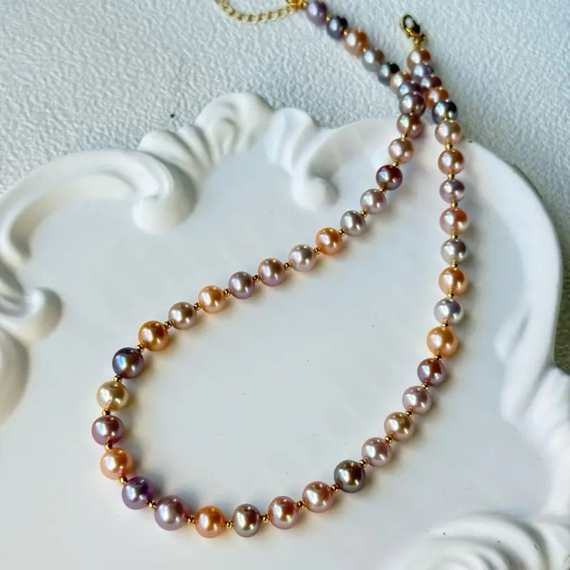 Candy Glow Pearl Necklace - Elegant Pearl Strand with Colorful Beads on Gold Chain