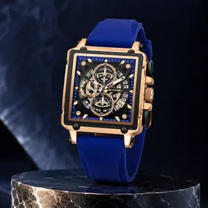 SKMEI Men's Sport Chronograph Watch, Square Rose Gold Case with Silicone Band, Large 45mm Dial, Calendar Date, Clear Glass Lens, 3ATM Splash Resistant, Green Blue Red