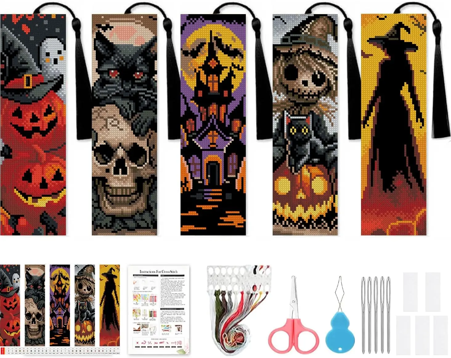 5 Pcs Cross Stitch Kits for Beginners,Halloween Stamped Cross Stitch Kits Bookmarks for Women,14 CT Cross Stitch Embroidery Kit for Beginners Crafts for Adults
