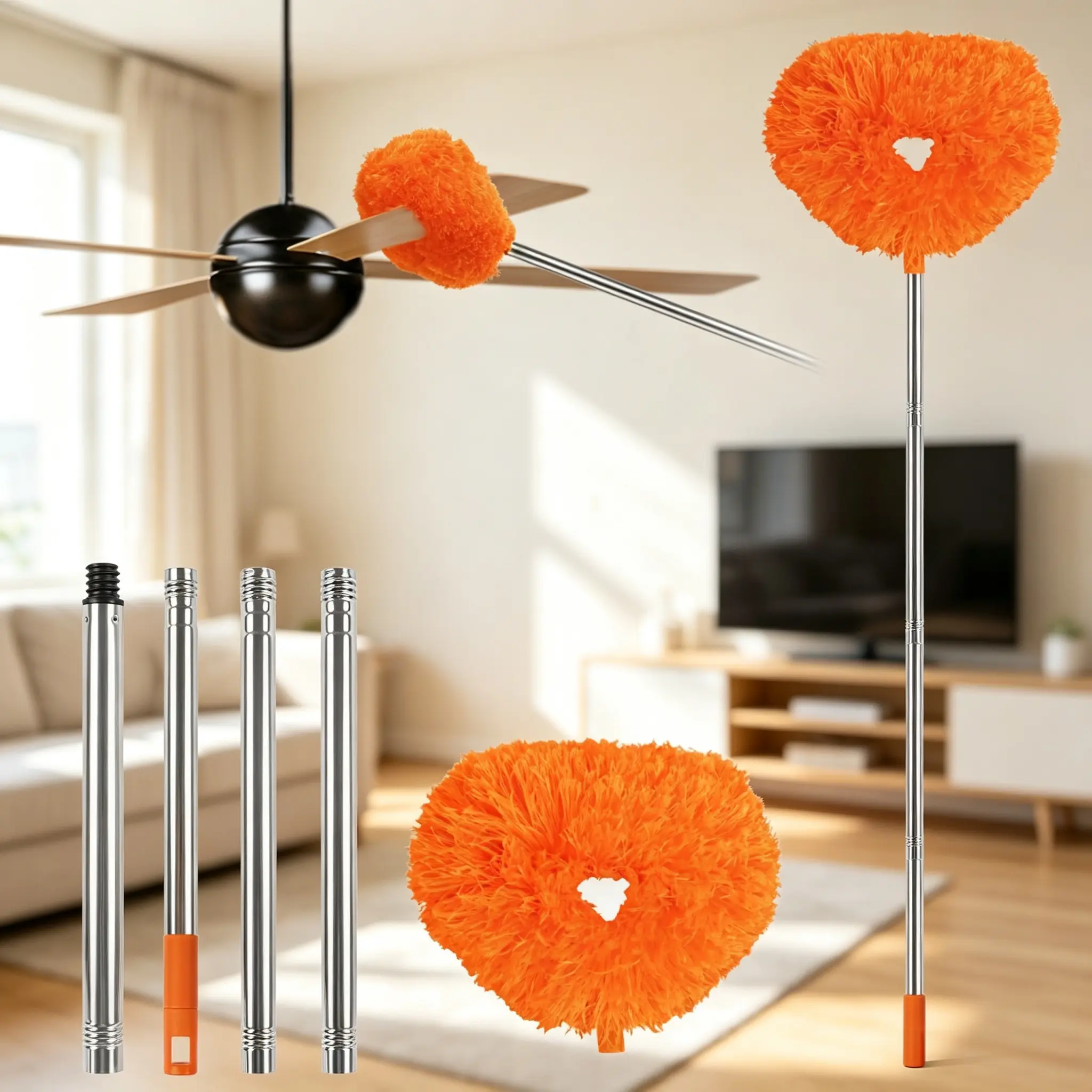 Microfiber Duster Mop with Extendable Long Handle, Reusable Washable Dust Mop Fan Cleaning Tool, Multipurpose Cleaner for Home, Car, Office, Ceiling Fan Blades, Window, Glass, Furniture,