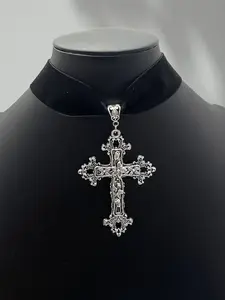 Gothic Large Cross Velvet Choker Necklace Pendant, Cross Necklaces, Punk Vintage Style Jewelry, Unisex Fashion Accessory for All Seasons