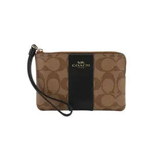 COACH Corner Zip 16 Small Leather Handbag for Women – Monogram Print, Black and Brown
