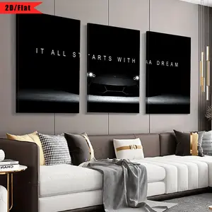 3 Piece 2D Flat Canvas Wall Art, Everything Starts With a Dream Inspirational Quotes Car Poster, Modern Motivational Art Print, Frameless High Definition Canvas Painting for Bedroom Living Room Dining Room Home Wall Decor