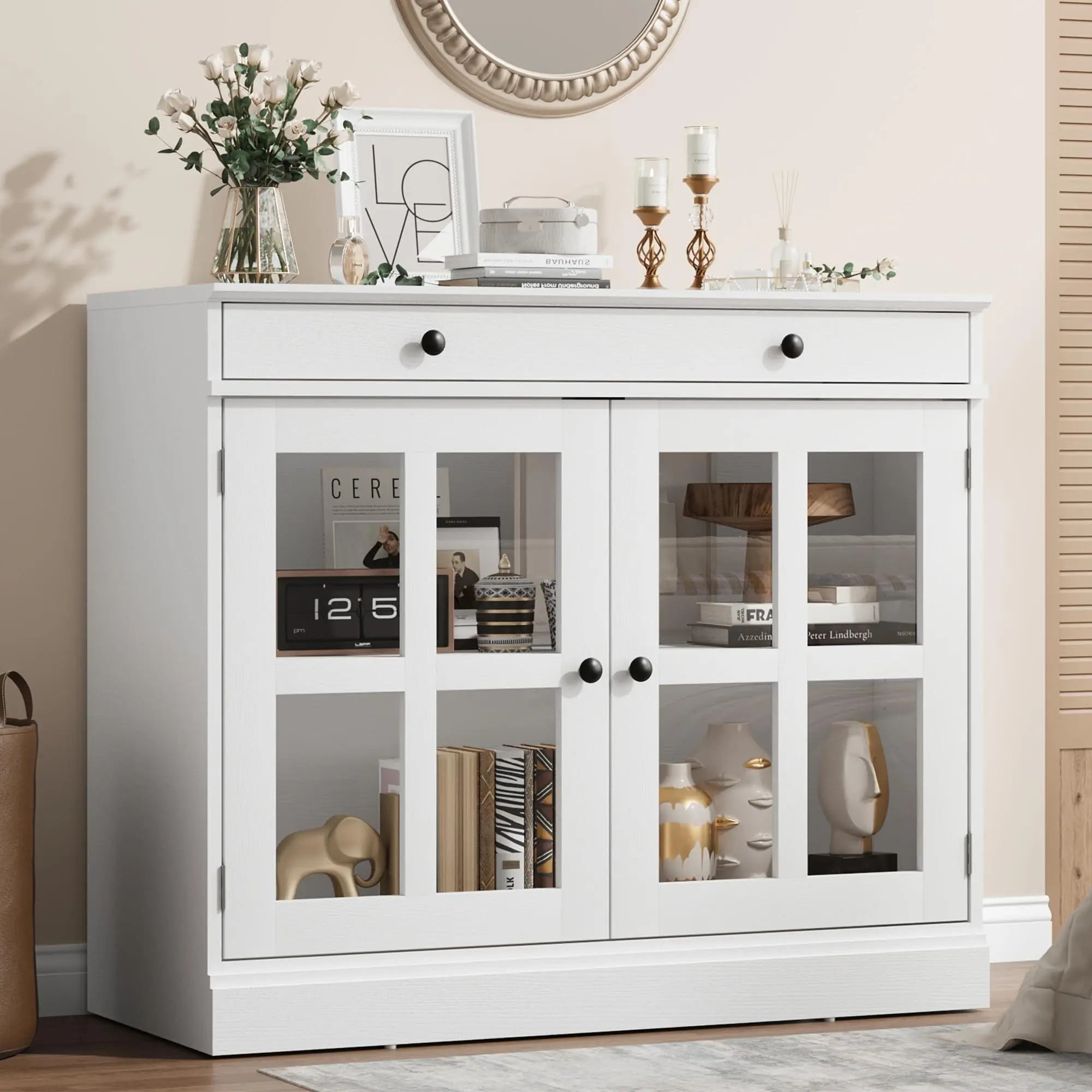 35.4" Sideboard Buffet Cabinets with Glass Door, Buffet Cabinet with Storage, White Sideboard Cabinet with Drawer, for Dining Room, Kitchen, White