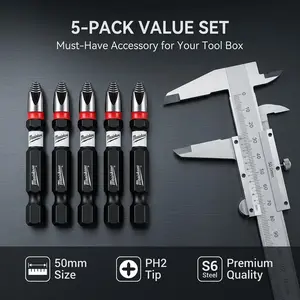 5-Pack Ph2 Cross Impact Bits, 50mm Extended, S6 Industrial Grade, 1/4" Hex Shank, Durable Shockproof, Woodworking/mechanical Repair, Drill/impact Driver Compatible