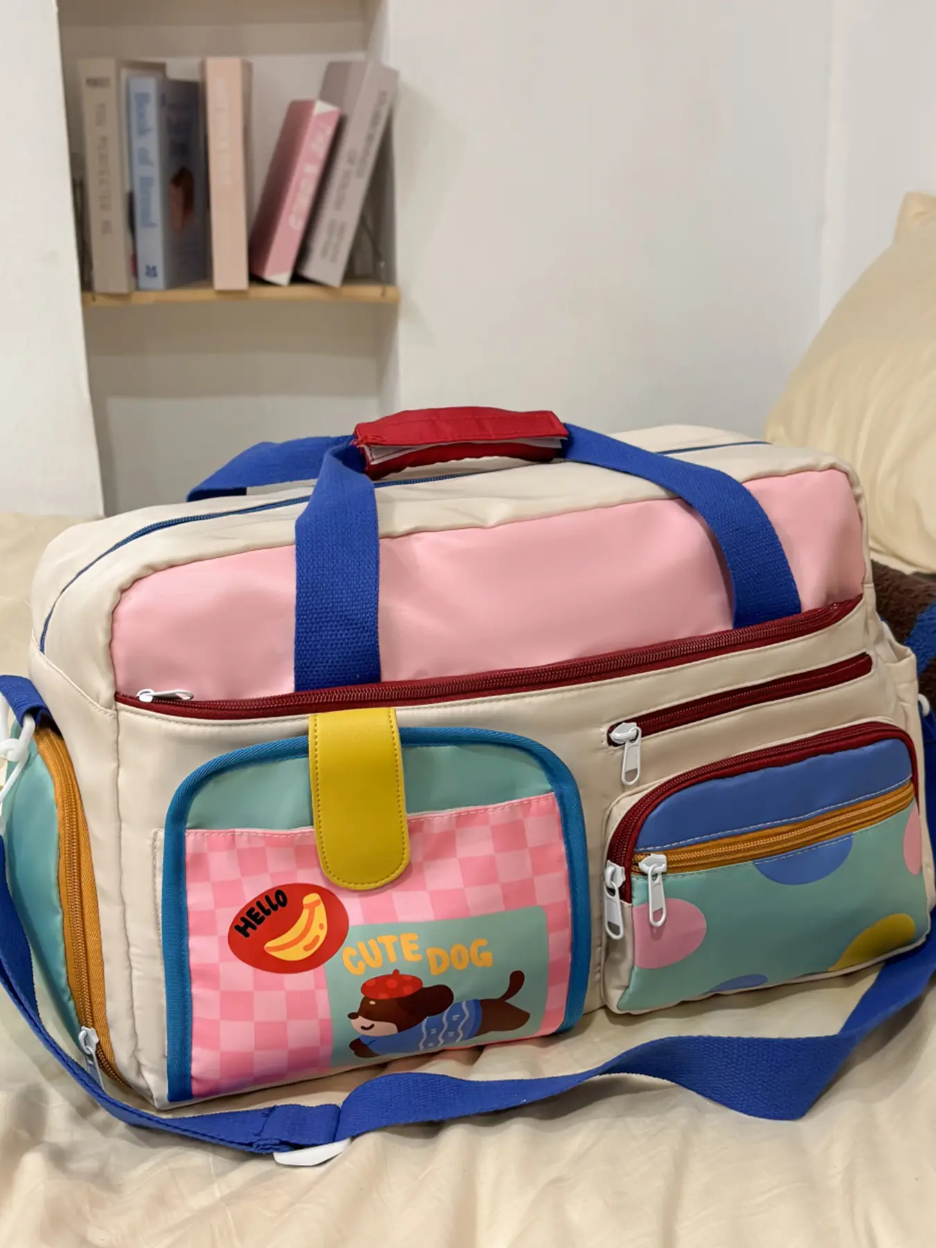 Women's travel bag with color blocking and contrasting hand-held tote bag zipper, fashionable and versatile, casual and cute, suitable for college students, school trips, travel, fitness, women's tote bag Colorblock Bag