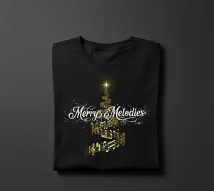 Mens Merry Melodies T Shirt with Festive Musical Notes and Golden Light Bulb Design