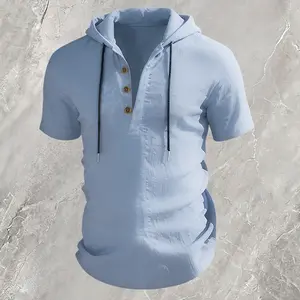 Men's Linen Hooded Henley Shirt - Short Sleeve Casual Pullover with Button Placket & Drawstring, Lightweight & Breathable Summer Top for Beach, Travel, Daily Wear ( S-XXXL)