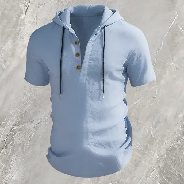 Men's Linen Hooded Henley Shirt - Short Sleeve Casual Pullover with Button Placket & Drawstring, Lightweight & Breathable Summer Top for Beach, Travel, Daily Wear ( S-XXXL)