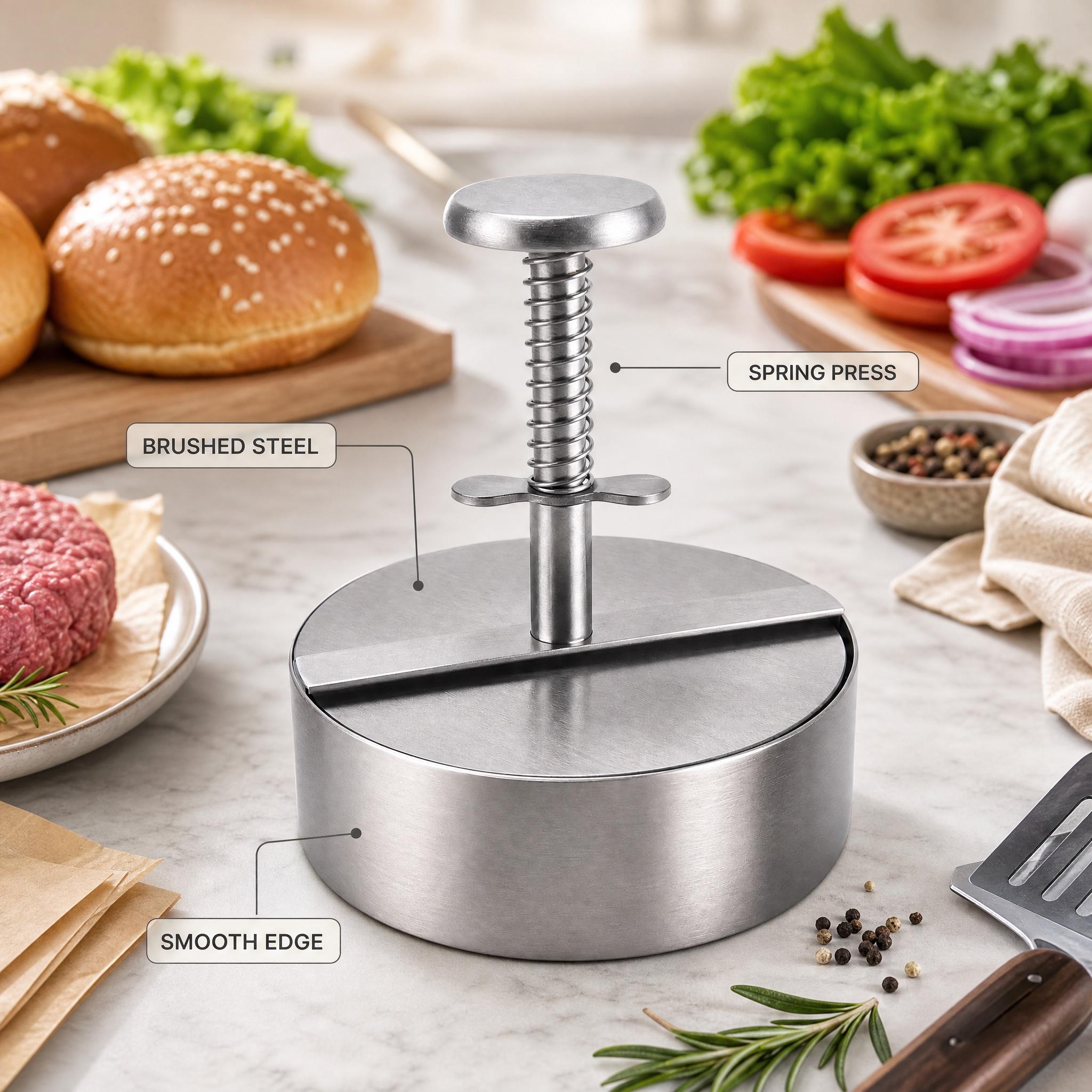 Stainless Steel Burger Patty Press – Spring-loaded mold for making perfect, evenly shaped patties; nonstick iron burger press for kitchen and BBQ #KitchenGadget
