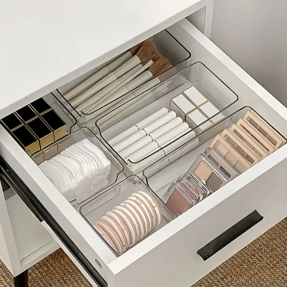 6pcs Acrylic Drawer Dividers Organizer Boxes Set, Transparent Cosmetics Organizer Storage Box, Clear Organizer, Desk Clutter Organizer, Makeup Drawer Organizer, Space Saving Organizer, Sturdy Storage Organizer