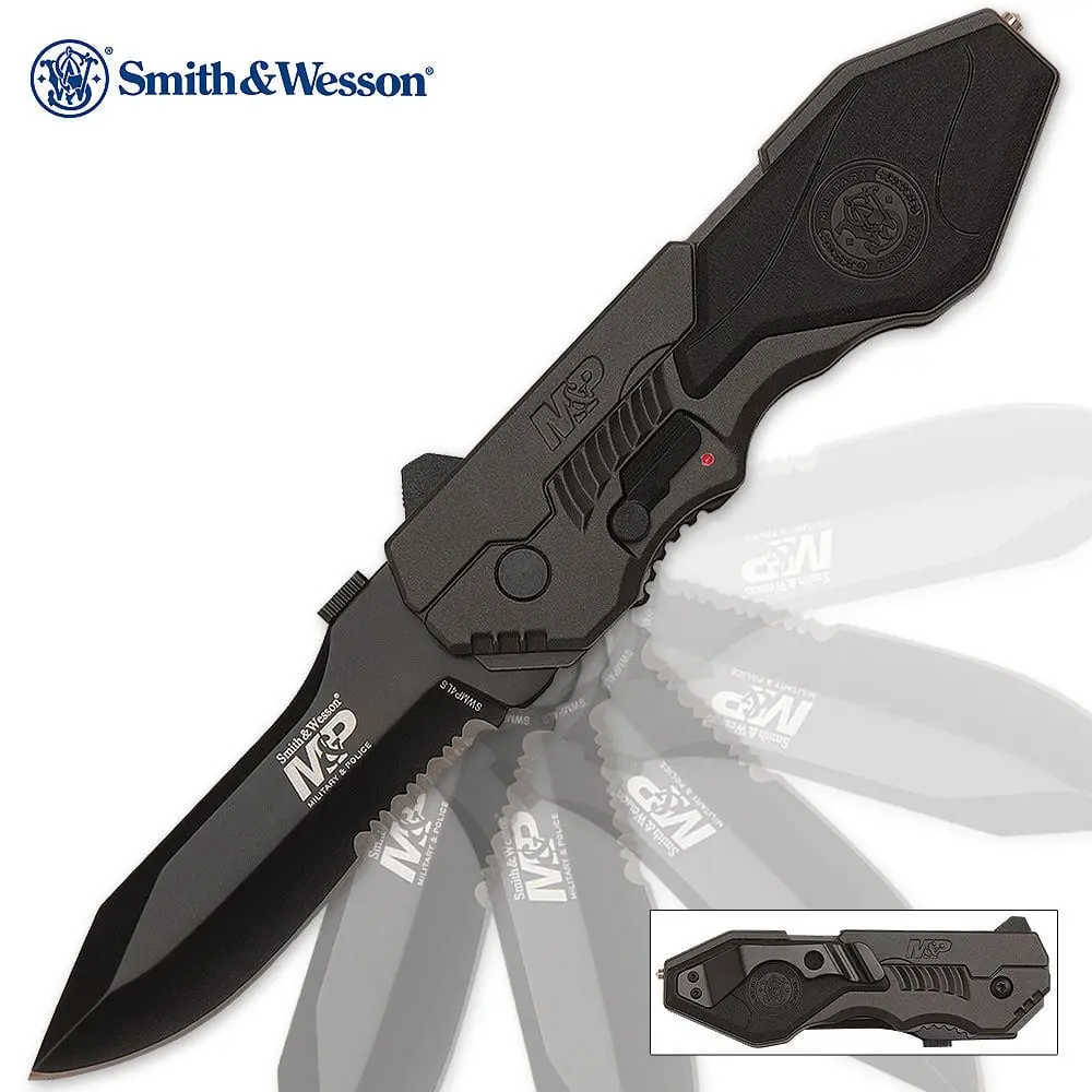 Smith & Wesson M&P Compact Multi-Purpose Assisted Opening MP4L Tactical Pocket Knife - Pocket Carry, Steel Blade, Partial Serrations