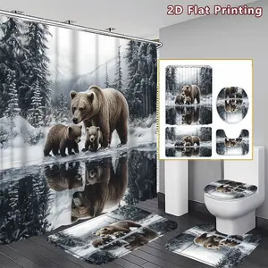 4PCS Brown Bears in Winter Shower Curtain set, Realistic Bear Family in Snowy Forest Bathroom Decor, Accessories with Bath Mat, U-shaped Mat, Toilet Lid Cover, 12 Hooks 180x180cm Curtain, Nature Enthusiast, Home Decor, bathroom accessories
