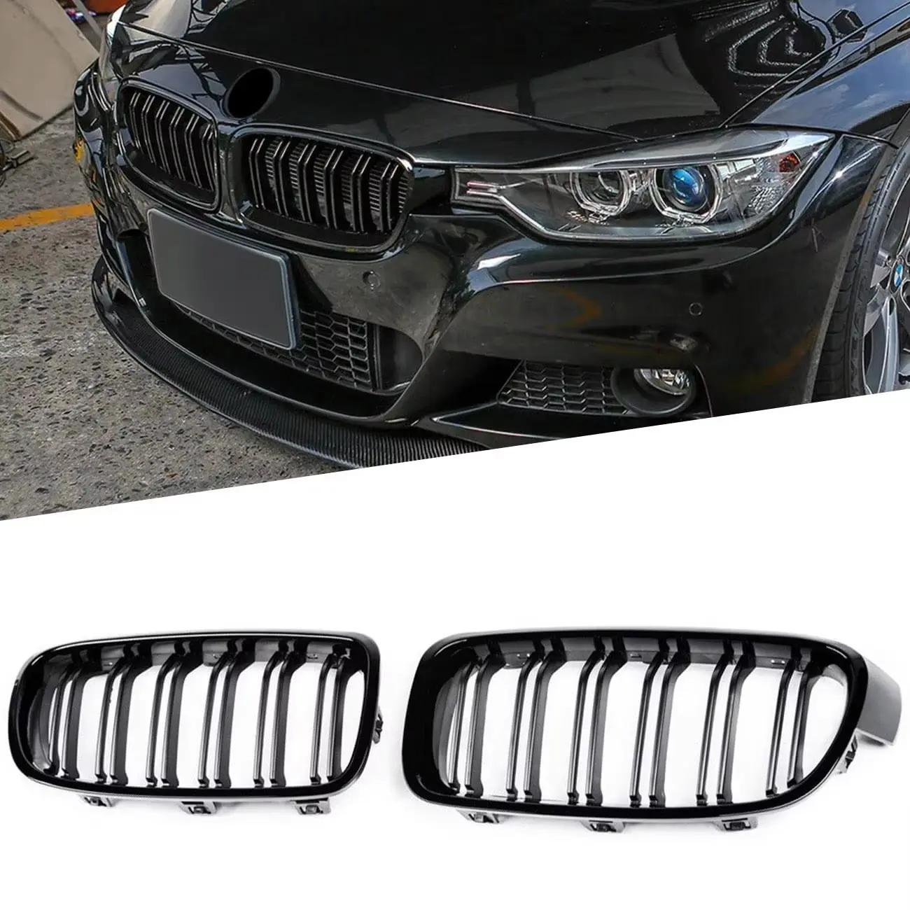 Gloss Front Bumper Kidney Grille Dual Slat Grill for Bmw 3 Series F30 F35 320i 328i 330i 335i 2012-2018, Stylish Automotive Car Vehicle Accessory