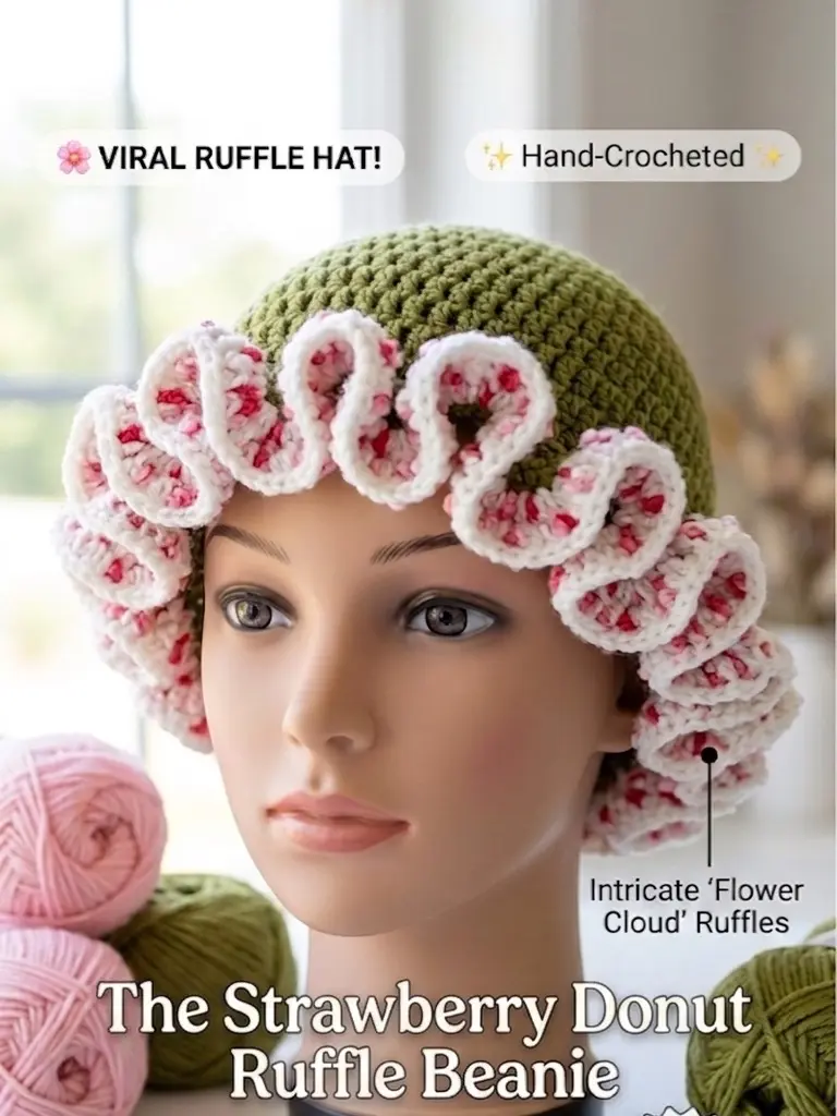Strawberry Donut Ruffle Beanie, Fashion Accessory Winter Warm Knit Hat for Women