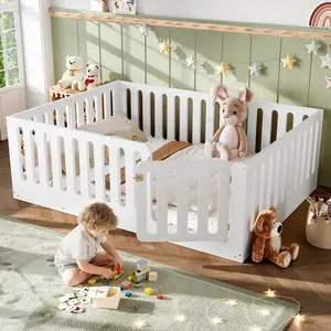 Queen Size Floor Bed with High Fence for Kids, Solid Wood Kids Montessori Bed with Door, low-profile and No Box Spring Needed Design, White