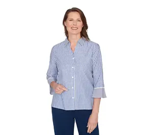 Alfred Dunner Women's Mixed Stripe Button Front Lace Trim Top