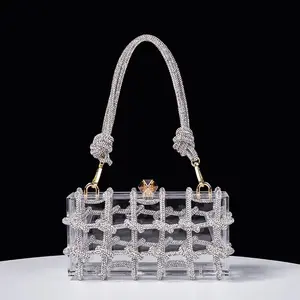 2026 Classic Acrylic Box Bag, Rhinestone Cord Woven Handheld Box Bag, European-American Trendy Transparent Evening Bag for Women