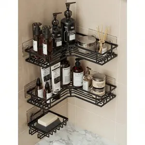 Corner Adhesive Shower Caddy 3 Pack, Large Capacity with Soap Holder, No Drilling Wall-Mounted Shower Shelves, Rustproof Bathroom Organizers and Storage, Kitchen & Rental-Friendly, Black