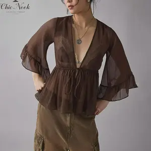 Women's Sheer Chiffon Tops Fashionable Solid Color Deep V Neck Bell Sleeve Ruffle Tie Front Blouse