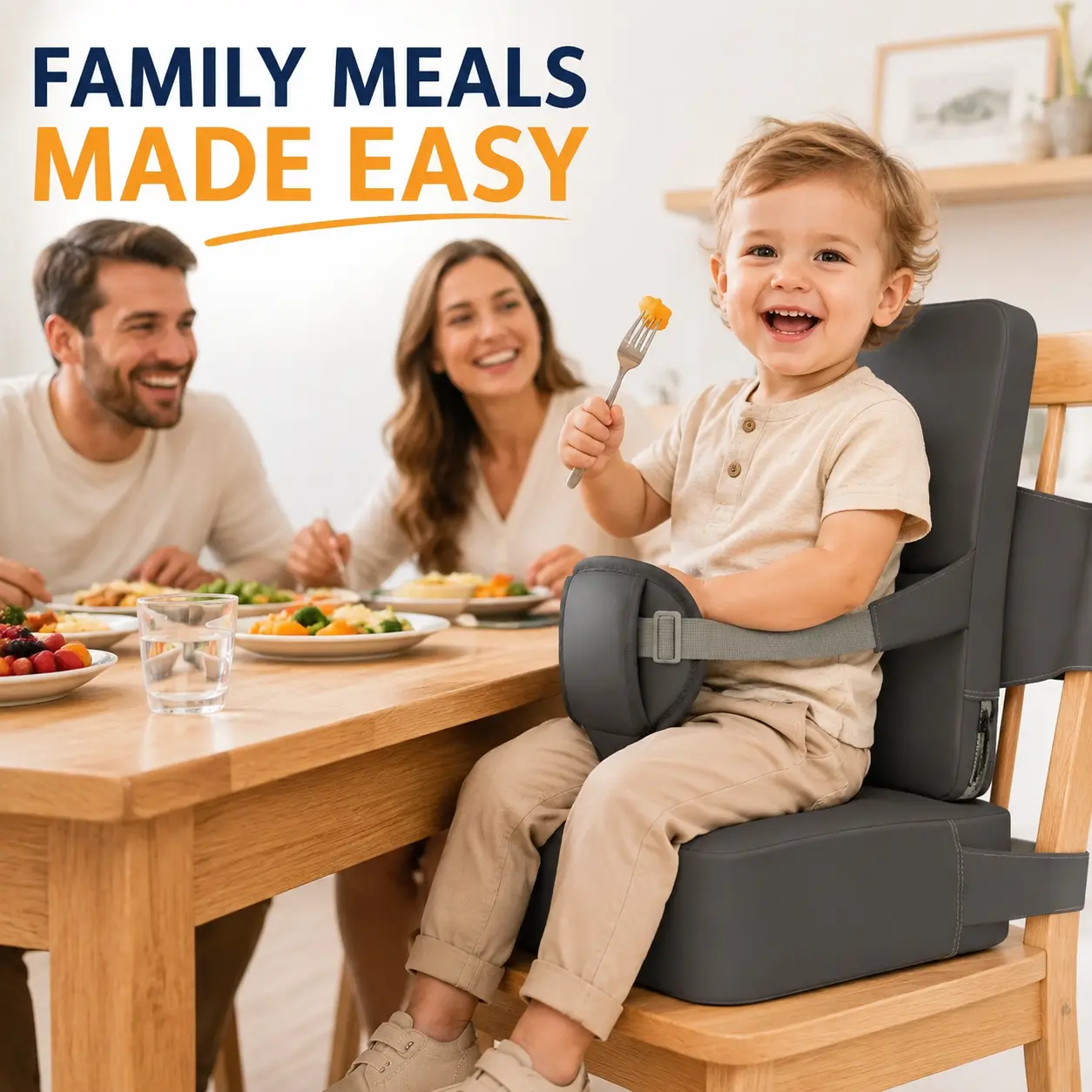 Portable Toddler Booster Seat for Dining Table, High Back Chair Cushion with Adjustable Straps, Easy Clean Seat for Kitchen Chairs & Travel