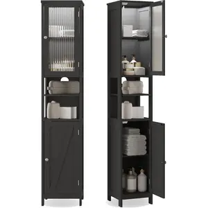 Tall Bathroom Storage Cabinet with Light,5-Tier Narrow Bathroom Cabinet with 2 Doors, Slim Storage Linen Cabinet Freestanding with Adjustable Shelves for Space Saving, Black