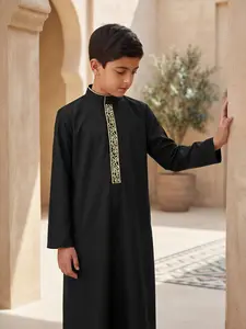 Muslim Traditional Boy's Long Robe, Elegant Embroidery Button Design, Side Pockets, Suitable for Boys Aged 8-12 Years