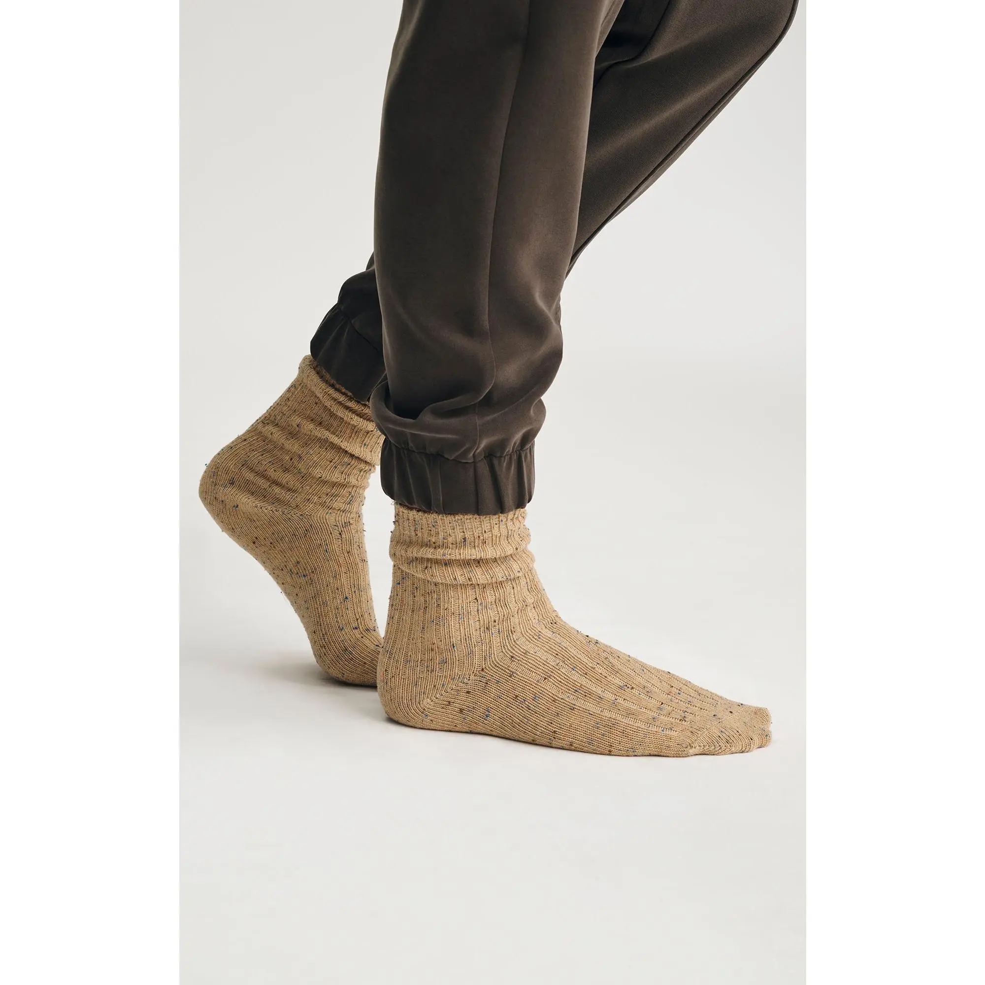 Women's Classic Chunky Fabric Boot Socks, Oatmeal Melange, Casual Wear, Ankle, Chunky Boot Socks, Everyday Use, Pair With Loafers, Lady, Basic, Made In Turkey