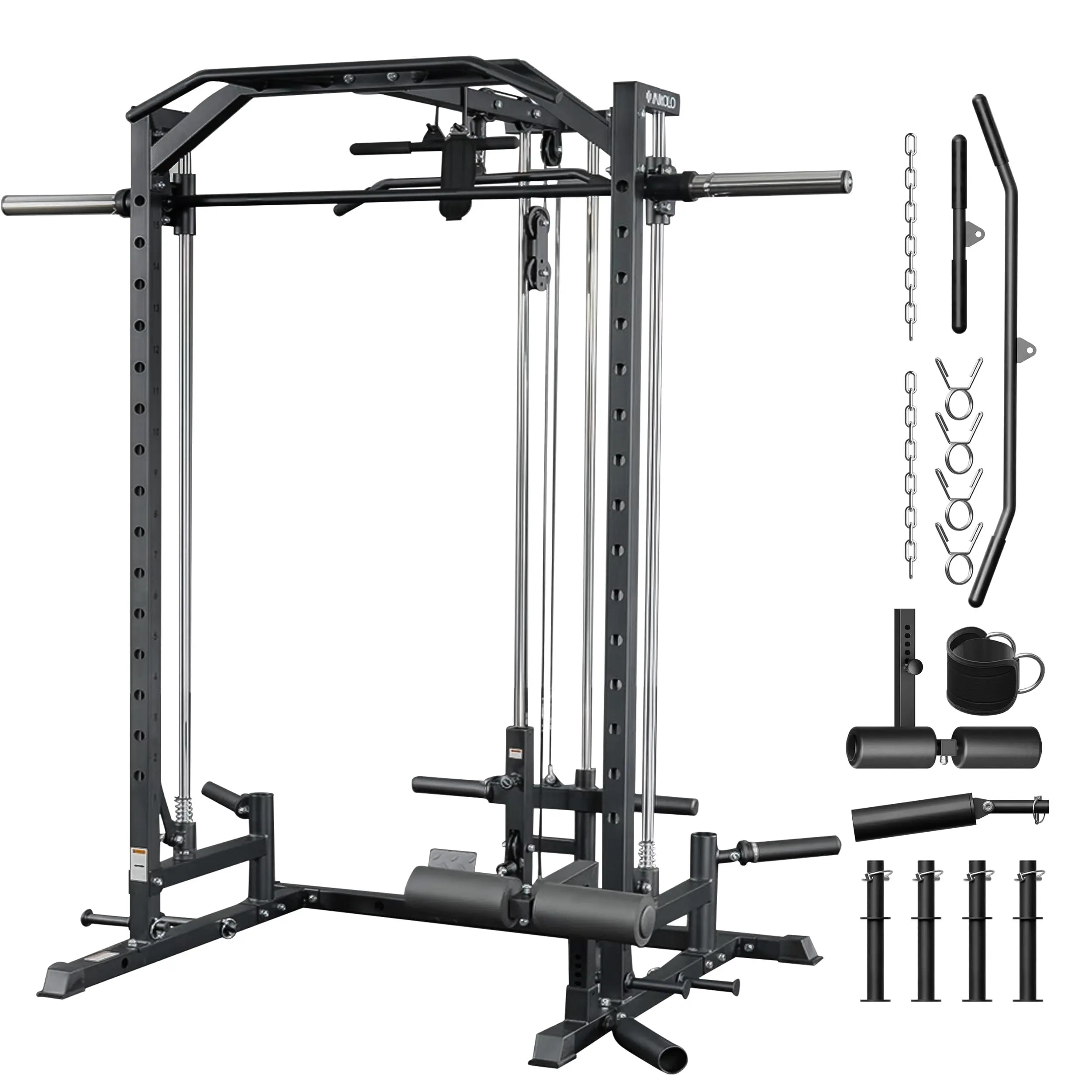 MIKOLO Smith Machine Power Cage for Home Gym 1:1 Ratio Strength Trainer with 8 Attachments Space Saving Squat Rack Alloy Steel ConstructionMIKOLO
