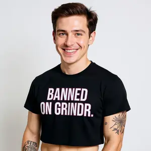 Banned on Grindr Gay Crop Top - Fitted Short Sleeve Crew Neck Casual Summer Top for Men & Unisex - Soft Breathable Cotton Iconic Style Cropped T-Shirt Menswear Tshirt