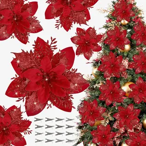 16 PCS Poinsettia Flower Artificial Poinsettias with Clips Christmas Decor Glitter Poinsettia Christmas Ornaments Xmas Tree Flower Decorations with Stems DIY Xmas Wreath Holiday Home Party Decor