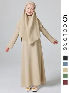 Girl's Solid Button Front Abaya Dress & Hijab Musilim Set, Modest Outfits, Modesty, Modest Long Sleeve Stand Collar Dress & Button Back Hijab, Kid's Summer Clothes